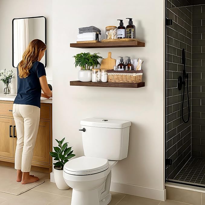 BGMG Wood Floating Shelves for Wall 24 inch Set of 2, Rustic Wooden Wall Mount Shelves for Bathroom Living Room Bedroom Kitchen Farmhouse -24x 6.7 x1.25 inch- Walnut Color