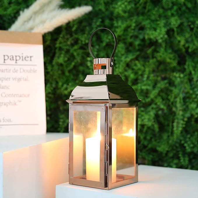 JHY DESIGN Decorative Candle Lanterns 15" High Stainless Steel Candle Lanterns with Tempered Glass for Indoor Outdoor Events Parities and Weddings Vintage Style Hanging Lamps(Rose Gold)