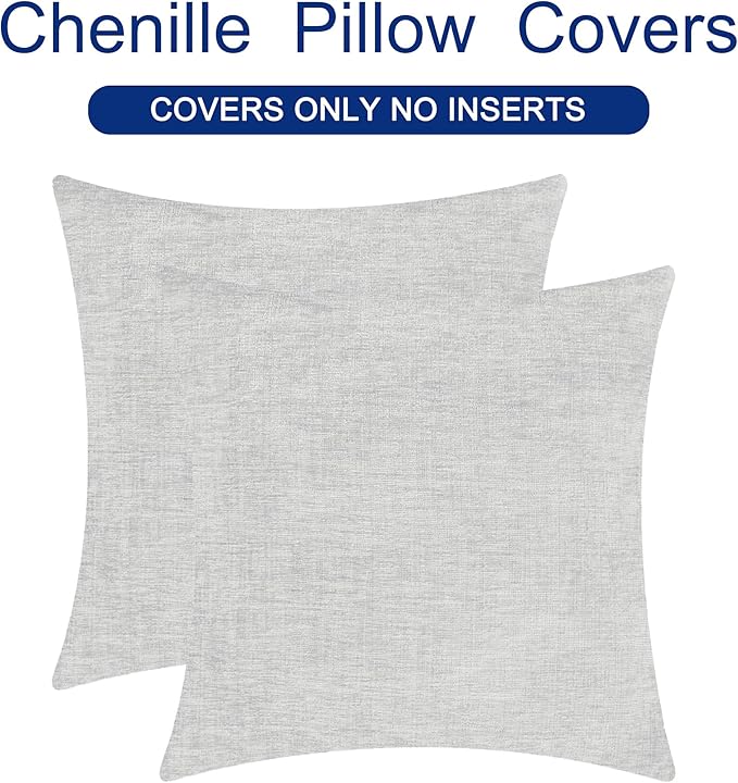 CaliTime Throw Pillow Covers Decorative 18 X 18 Inches Pack of 2 Cozy Chenille Cushion Cases for Couch Sofa Bed Living Room Home Moonbeam Gray