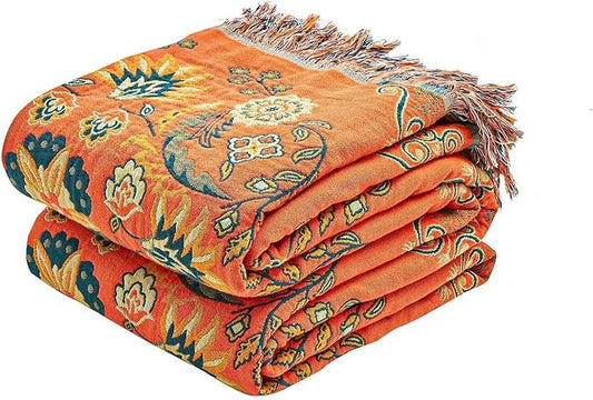 Boho Throw Blanket, 100% Cotton Ultra Soft Luxury Throw Rustic Quilt, 60"x80" Floral Printed Farmhouse Decor Bed Summer Blankets, All Season Rustic Reversible Bohemian Throw for Bed - Orange