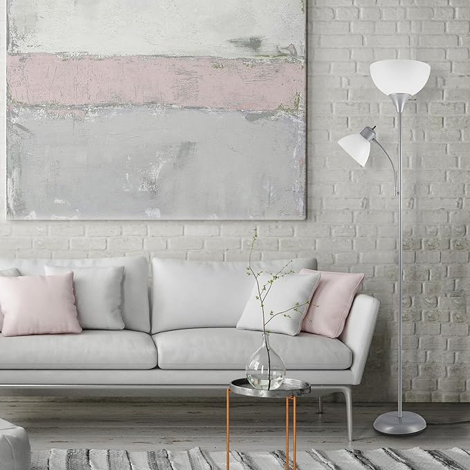 GLOBE Electric 67134 72" Torchiere Floor Lamp and Adjustable Reading Light, Silver, Frosted Shade, Dual Rotary Switch, 3-Step Dimming, Modern Lighting for Living Room or Office, Timeless