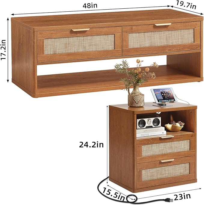 LEYAOYAO Boho Rattan Coffee Table and End Table Sets, 48" Wide Center Tables & 23" Night Stand with Charging Station Chest of Drawers, Brown Wood Coffee Table for Living Room 3 Piece Set