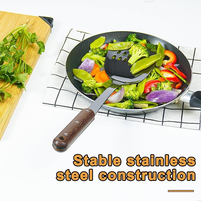 FJNATINH Stainless Steel Wok Spatula and Ladle Tool, Mirror Polished Cooking Utensils Set Metal Wok Accessories with Wooden Handle,Easy to Clean Kitchen Utensils,Black