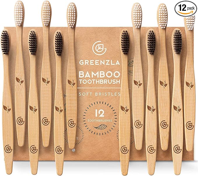 Greenzla Bamboo Toothbrushes for Adults – 12 Pack Wooden Toothbrush Set with Charcoal-Infused Soft Bristles, Natural Oral Care for Daily Use