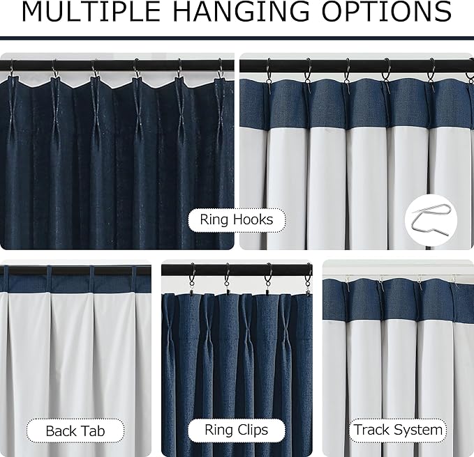 Vision Home Navy Blue Pinch Pleated Full Blackout Curtains Linen Blended Room Darkening Curtain Panels 90 inch for Living Room Bedroom Thermal Insulated Pinch Pleat Drapes with Hooks 40" Wx90 Lx2