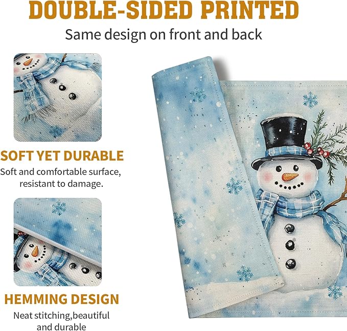 Blue Snowman Snowflake Winter Placemats Set of 4 Seasonal Christmas Linen Table Mats 12x18 Inch Xmas Holiday Snow Farmhouse Rustic Washable Place Mats for Party Kitchen Dining Outdoor Indoor Decor