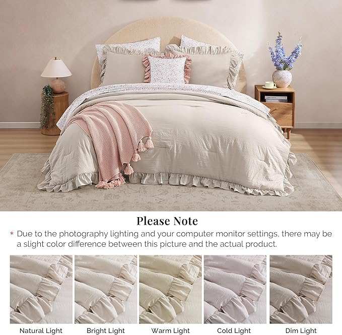 Full Comforter Set - 7 Pieces Ruffle Beige Bedding Sets, Shabby Chic Farmhouse Bed in a Bag Full with Ruffle Comforter, Floral Sheets, Pillowcases & Shams