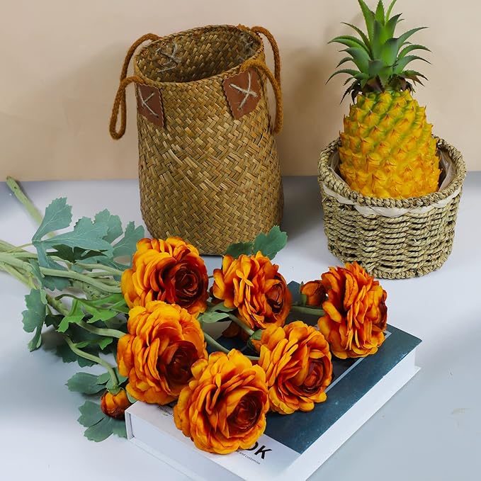 Artificial Flowers Ranunculus Long Stem Buttercup Silk Flowers 6 pcs for Home Decor and Wedding Decorations(Burnt Orange)