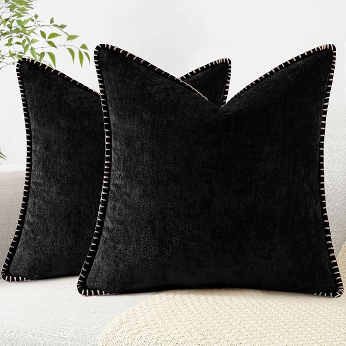 decorUhome Chenille Soft Throw Pillow Covers 20x20 Set of 2, Farmhouse Velvet Neutral Decorative Euro Pillow Covers with Stitched Edge for Couch Sofa Bed Home Decor, Black