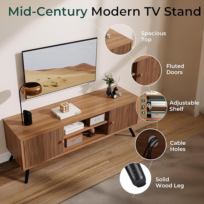 COMHOMA TV Stand for Living Room, Mid Century Modern Entertainment Center for 55/60/65 Inch TVs, Retro Brown TV Console with Fluted Door Cabinets and Open Adjustable Shelve Storage for Bedroom