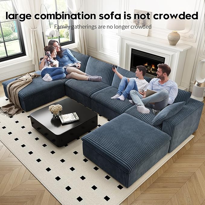 157.5" Cloud Couch Oversized Modular Sectional Sofa for Living Room,Modern Sofa with Deep Seat，U-Shape Boneless Couch with 2 Ottoman,Comfy Upholstered Couches for Apartment, Studio, Office,Blue