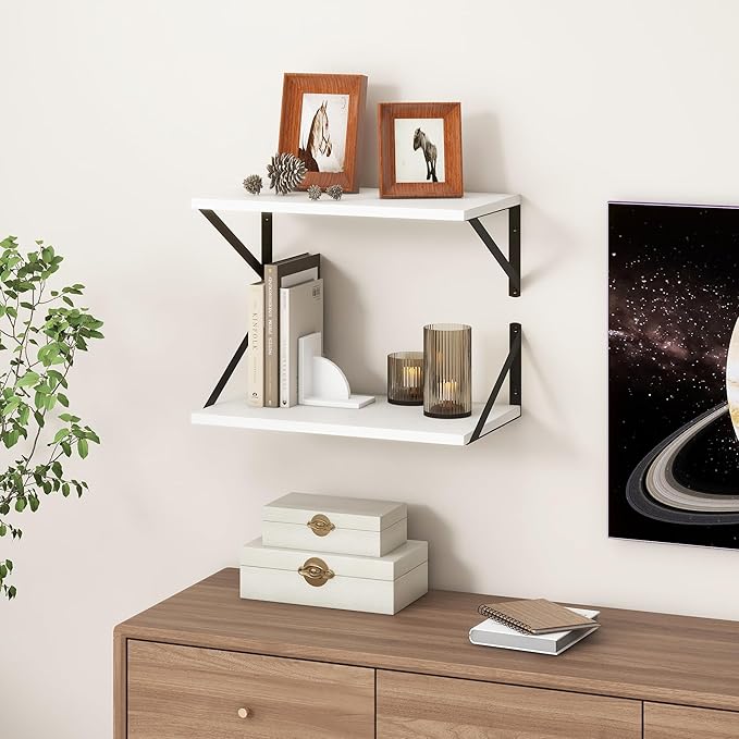 Fun Memories White Floating Shelves 18 Inch Long, Rustic Floating Shelf with Brackets, 10 Inch Deep Wall Shelves, White Bathroom Shelves, 18 x 10 Storage Shelf for Kitchen, Living Room, Set of 2