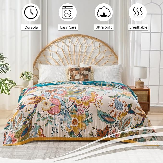 Boho Throw Blanket, Ultra Soft Rustic Quilt for Bed, Lightweight Fall Throws Blanket Muslin Blankets for Adults, Picnic, Farmhouse Decor, Cozy 100% Cotton Throw Blankets, Happiness, 60"x80"