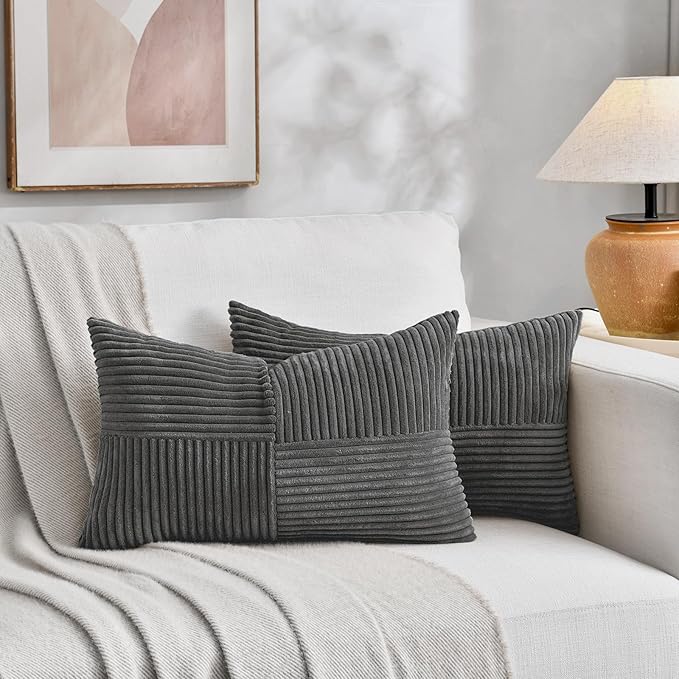Fancy Homi 2 Packs Dark Gray Lumbar Decorative Throw Pillow Covers 20x28 Inch for Living Room Couch Bed Sofa, Farmhouse Home Decor, Soft Striped Corduroy Rectangle Accent Cushion Case 50x70 cm