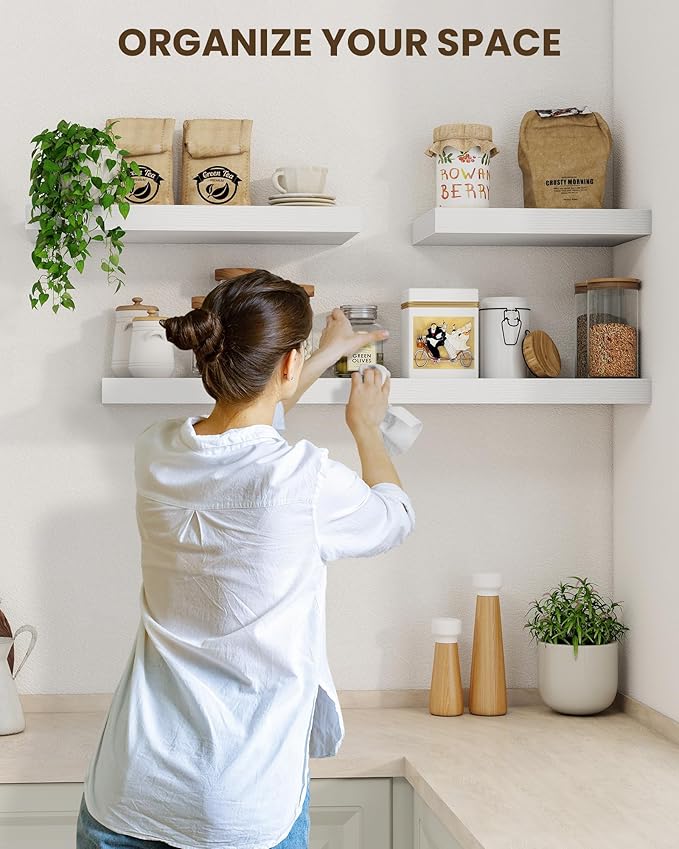 Marsmiles 48" Floating Shelves for Wall, Wooden Shelves with Invisible Brackets Set of 2, Rustic Farmhouse Wall Mounted Shelf for Kitchen Bathroom Living Room Study, White