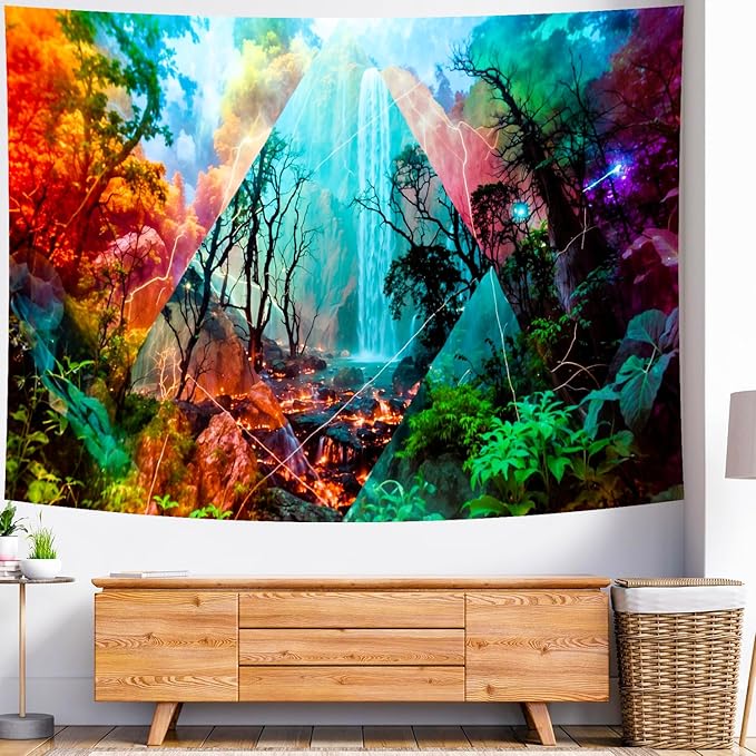 Delur Forest Tapestry Waterfall Mountain Rainforest Sunset Nature Tree Tapestry Wall Hanging Scenic Tropical Landscape Natural Sunrise Headboard for Bedroom Living Room Home Decor (51.2" x 59.1")