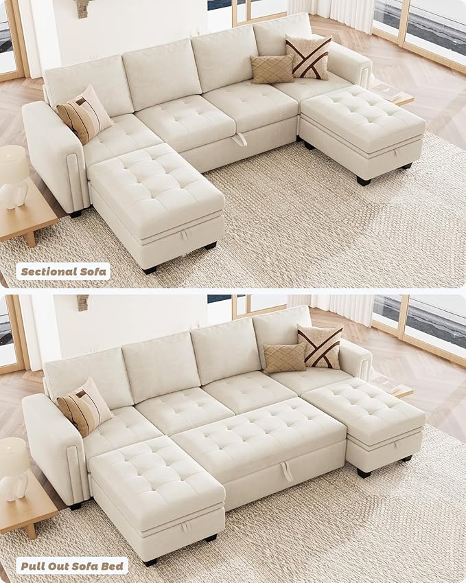 Belffin Modular Sectional Sleeper Sofa with Pull Out Bed Velvet Convertible U Shaped Sectional Sofa Couch with Storage Chaises for Living Room Beige