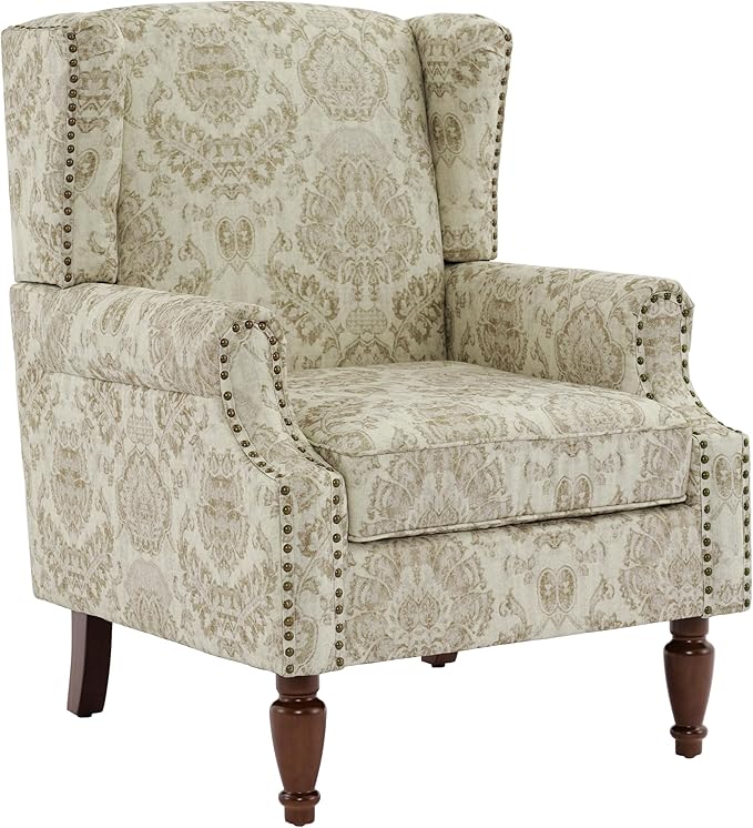UIXE High Back Floral Accent Chairs Set of 2, Upholstered Armchair in Fabric, Retro Printed Wingback Arm Chair for Living Room, Nailhead Trim Single Sofa Bedroom Reading Seat - White