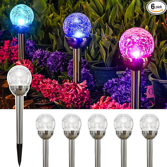 GIGALUMI Solar Outdoor, Cracked Glass Ball Solar Garden Lights, Color Changing Lights Outdoor,Garden LED for Path, Patio, Yard, 6 Pack Pathway