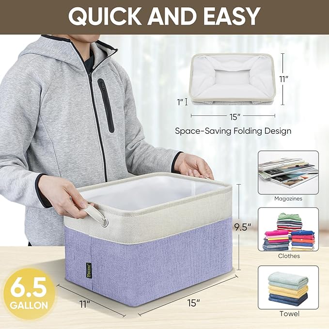 BALEINE 3 Pack Fabric Storage Bins for Shelves, Linen Storage Baskets for Organizing, Decorative Closet Bins for Clothes, Home (Lavender, 15''x11''x9.5'')