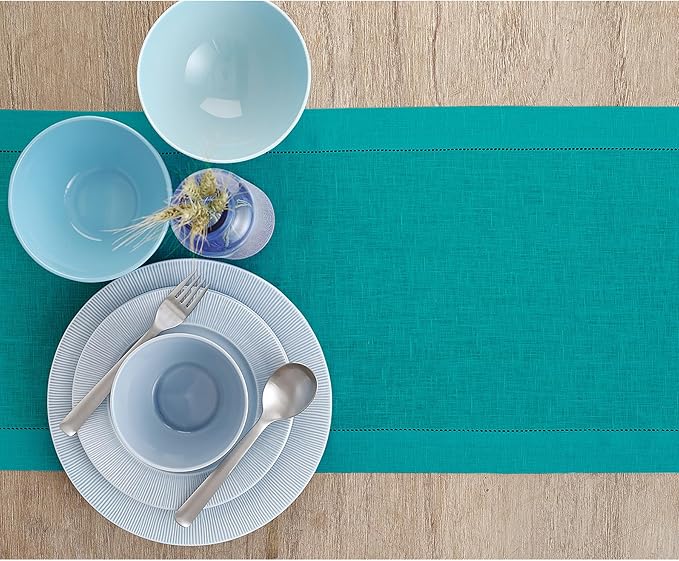 Solino Home Linen Hemstitch Table Runner 36 Inches - 100% Pure Linen Teal Table Runner 14 x 36 Inch Ideal for Dresser and Coffee Tables - Fall, Autumn, Thanksgiving - Classic Hemstitch