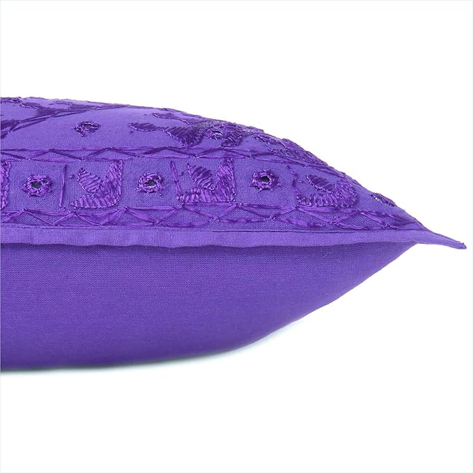 Eyes of India Embroidered Decorative Boho Throw Pillow Cover with Mirrors, Handmade Bohemian Accent Cushion Case for Sofa Couch Bedroom Living Room (Purple, 24" x 24")