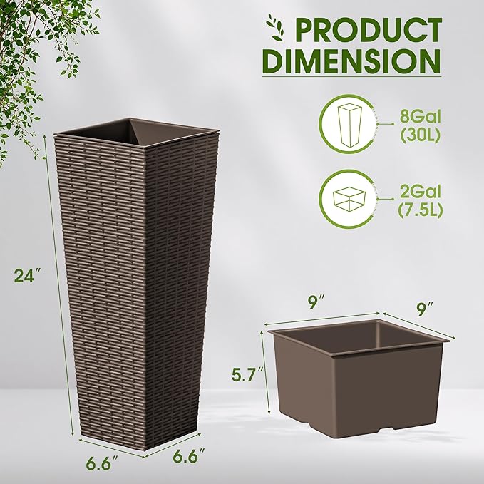 Devoko Resin Tall Planters for Outdoor Plants Set of 2, Large Taper Outdoor Planter Pots with 4 Drainage Holes, Flower Pots Modern Decor for Porch, Patio, Backyard, Home Garden (Brown, 24")