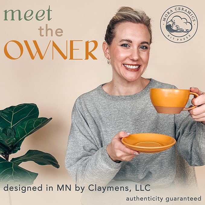 Mora Ceramic Latte Art Mug With Saucer - 10.5 oz, Round Bottom For Perfect Pours - Cafe Cups for Cappuccino, Espresso, Coffee, Tea etc - Porcelain Set for Baristas, Great Gift - Pumpkin Orange