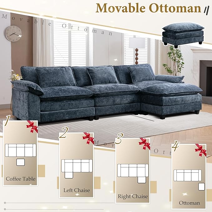 URRED Modular Sectional Sofa Comfy Cloud Couch, Modern Chenille Sofa Sleeper Deep Seat Couches with Ottoman/Pillows for Living Room (Blue, 117''- L Shape)