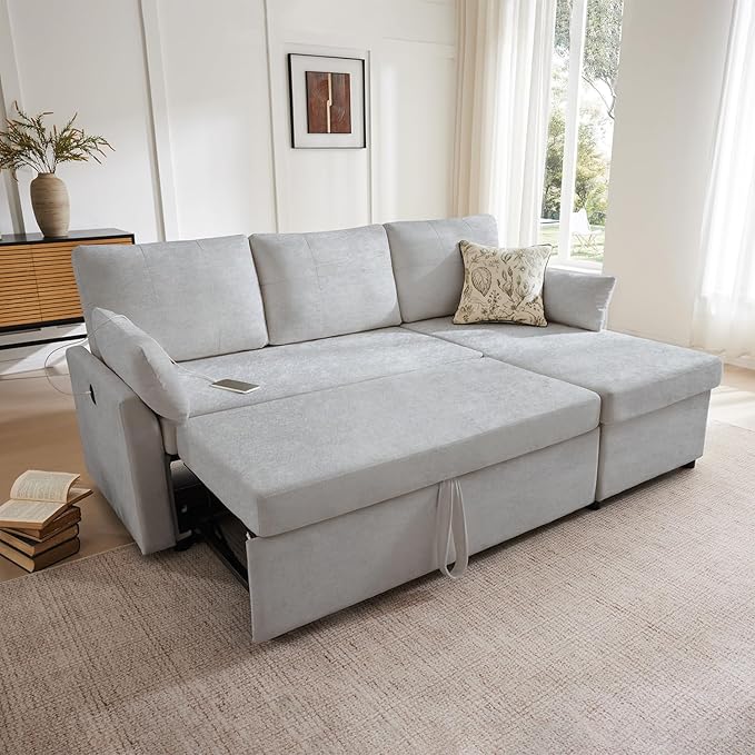 Waxberry Sectional Sofa Couch, Pull Out Couch Sleeper Sofa Bed with Storage for Living Room, Reversible Chaise, Side Pockets & Dual USB/Type-C Ports, Grey