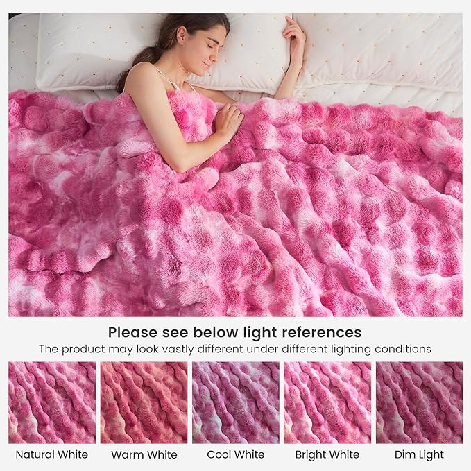 Cozy Bliss Faux Fur Throw Blanket for Couch, Fuzzy Soft Plush Thick Bubble Blanket for Sofa Bedroom Living Room, 50 * 60 Inches Tie Dye Pink