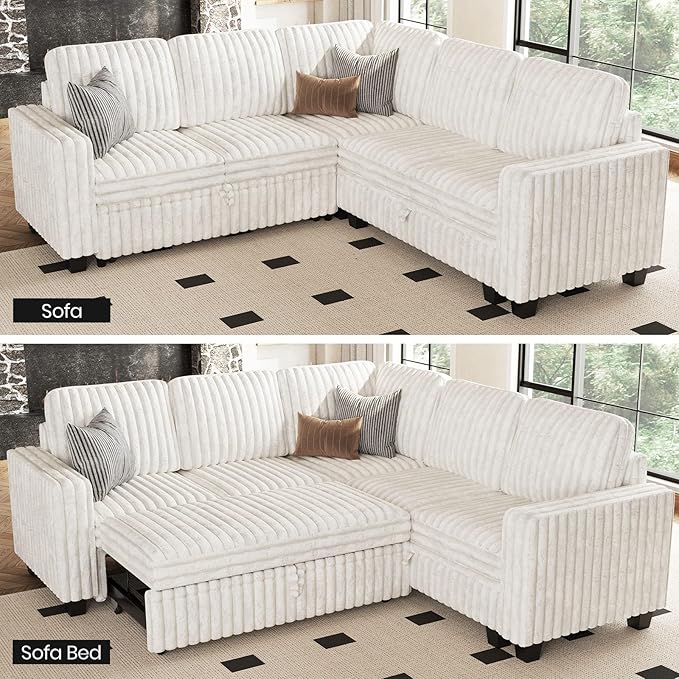 Belffin Plush Corduroy Modular Sectional Sofa with Pull Out Bed Convertible Small Sectional Corner Couch for Living Room White Couch