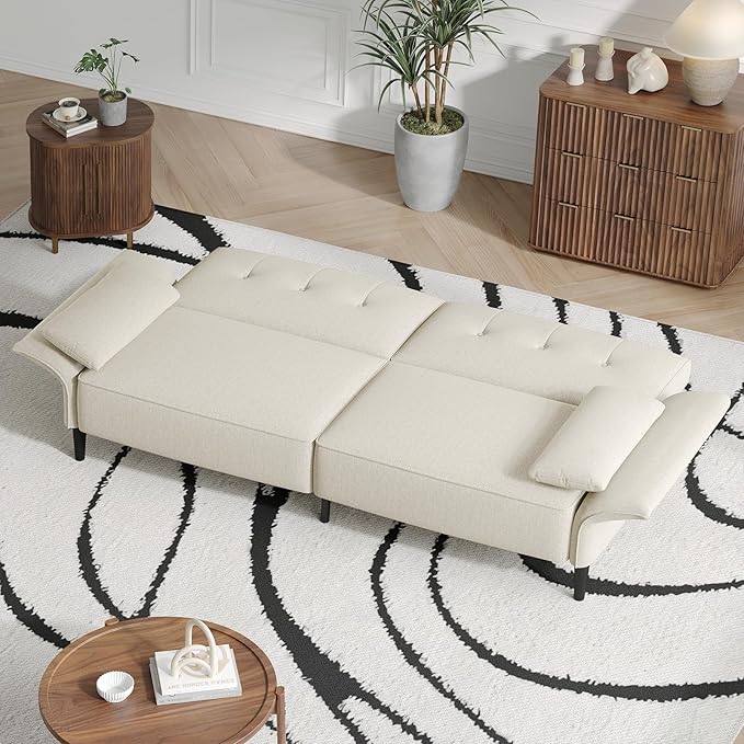 89” Futon Sofa Bed, Linen Comfy Futon Couch Bed with 2 Square Pillows, Convertible Sleeper Sofa with Adjustable Backrest& Armrests, Modern Loveseat Sleeper for Living Room, Bedroom, White