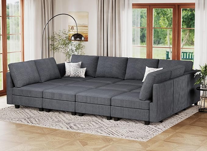 Belffin Oversized 12 Seat Modular Sectional Sleeper Sofa Convertible Sofa with Storage Seat Large Corduroy Modular Sectional Couch for Living Room Dark Grey