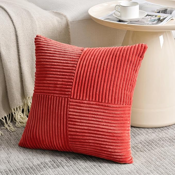 Fancy Homi 2 Packs Red Euro Decorative Throw Pillow Covers 26x26 Inch for Couch Bed Sofa, Holiday Christmas Home Decor Gift, Soft Corss Corduroy Patchwork Textured Square Cushion Case 66x66 cm