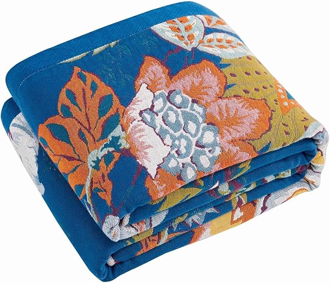 Boho Throw Blanket, Blue Lightweight Blankets for Summer, 100% Cotton Bohemian Decorative Throw Blanket, 80"x90" Reversible Muslin Breathable Woven Farmhouse Blankets Quilt,