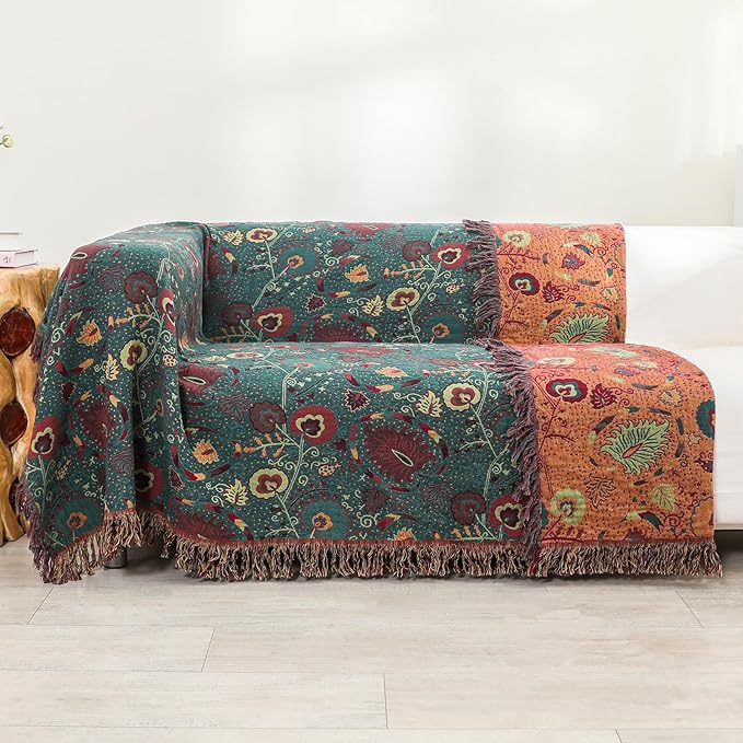 Boho Fall Throw Blanket for Bed，100% Ultra Cotton Soft Breathable Bed Throw Floral Printed Farmhouse Decor Rustic Bed Throws for Couch Sofa Quilt 80" x 90"