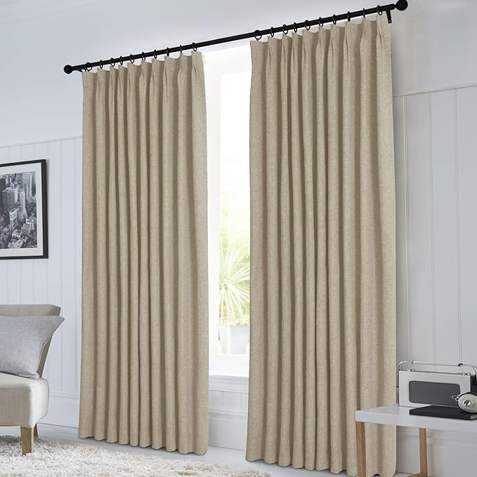 Macochico 100% Blackout Pinch Pleated Linen Curtains Thermal Window Treatments Sound Reducing Curtains for Bedroom Living Room Light Khaki Farmhouse Burlap Drapes with Tieback 52”Wx63”L 1 Panel