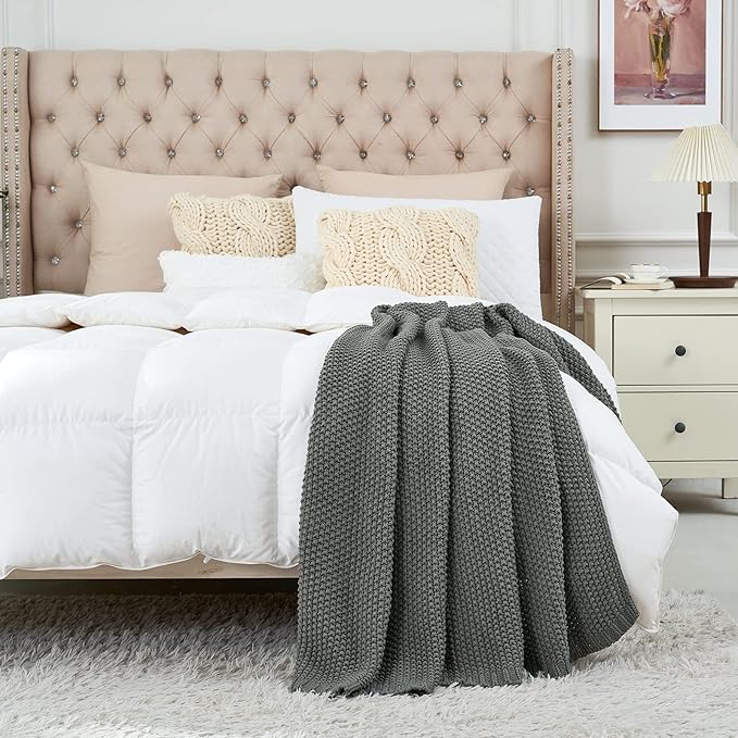 Longhui bedding Chunky Cable Knit Throw Blanket Lightweight Grey 100% Organic Cotton Blanket for Sofa Couch Bed Baby Nursery, Rustic Shabby Chic Modern Farmhouse, Gray 51” x 63” Give Laundering Bag