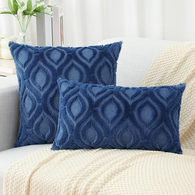 decorUhome Fall Throw Pillow Covers 12x20 Inch Set of 2, Soft Plush Decorative Faux Fur Dark Blue Solid Couch Pillow Covers, Accent Farmhouse Neutral Lumbar Euro Pillow Cases for Sofa Bed Living Room