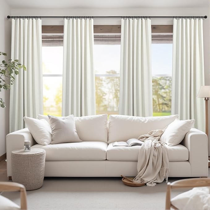 Total Blackout Linen Pleated Curtains with White Backing Back Tab Viral Weather Thermal Insulated Custom Length Curtain for Dining Room Kids Bedroom Noise Cancelling Cream Drape 102 Inch Long 2 Panel