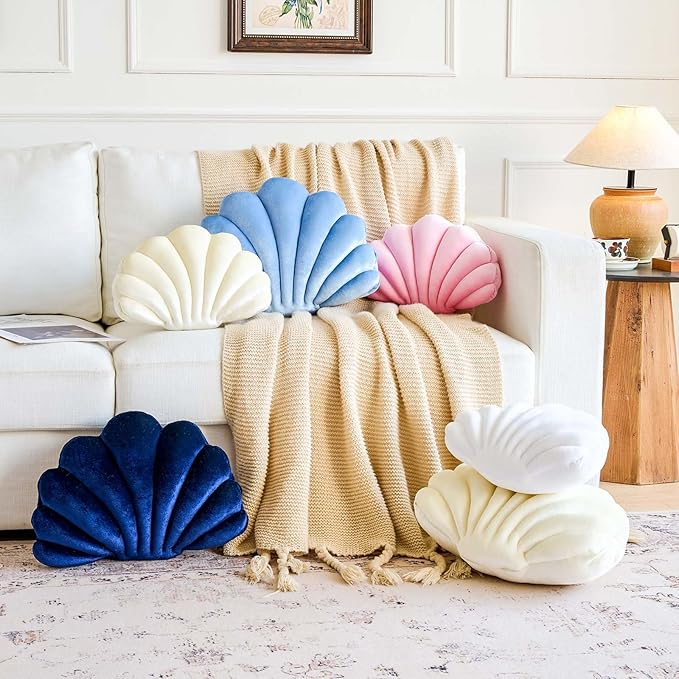Dusty Blue Seashell Throw Pillows, Shell Shaped Throw Pillows, 18 Inch Soft Velvet Home Decorative Pillow Plush Cushion for Bed Couch Living Sofa Room Decor Accent Throw Pillow