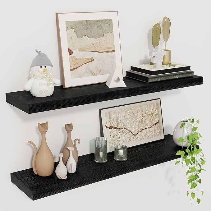 Fun Memories Floating Shelves for Wall, 27.5" Rustic Wood Deep Wall Mounted Shelves with Invisible Brackets for Decor & Storage, Floating Shelf for Living Room, Bathroom (Black, Set of 2)