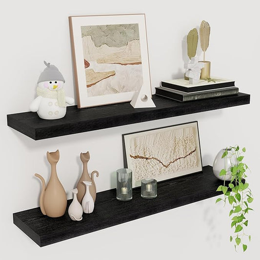 Fun Memories Floating Shelves for Wall, 27.5" Rustic Wood Deep Wall Mounted Shelves with Invisible Brackets for Decor & Storage, Floating Shelf for Living Room, Bathroom (Black, Set of 2)