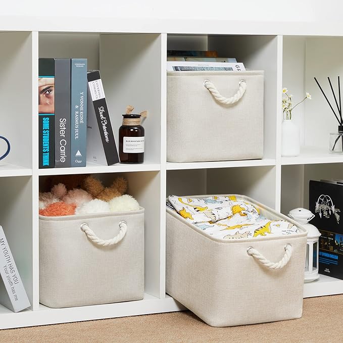 Bidtakay Baskets Collapsible Large Toy Storage Baskets for Organizing Set of 3 Closet Organizer Linen Cream Storage Bins 15 X 11 X 9.5 Inch Shelf Organizer Bins for Nursery Storage (Light Beige)