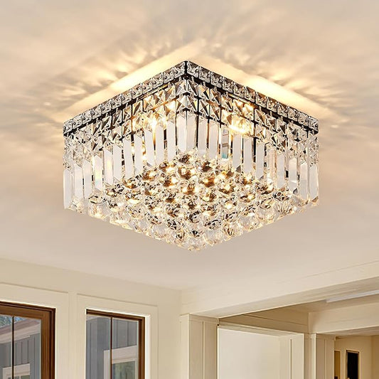 4-Light Black Crystal Chandeliers Flush Mount Chandelier Light Fixture with K9 Crystals Modern Ceiling Lights Elegant Square Lamp for Bedroom,Hallway,Bar,Living Room,Dining Room,H5.9 xW13.7