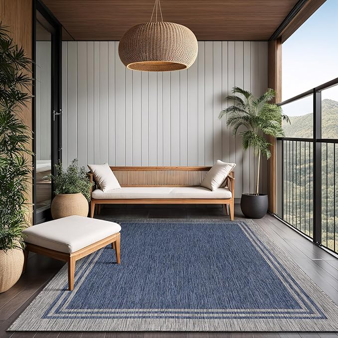 Bordered Outdoor Rug 10x14 Washable Outside Carpet for Indoor Patio Porch Waterproof Easy Cleaning Non Shedding Area Rugs Navy 10 x 14