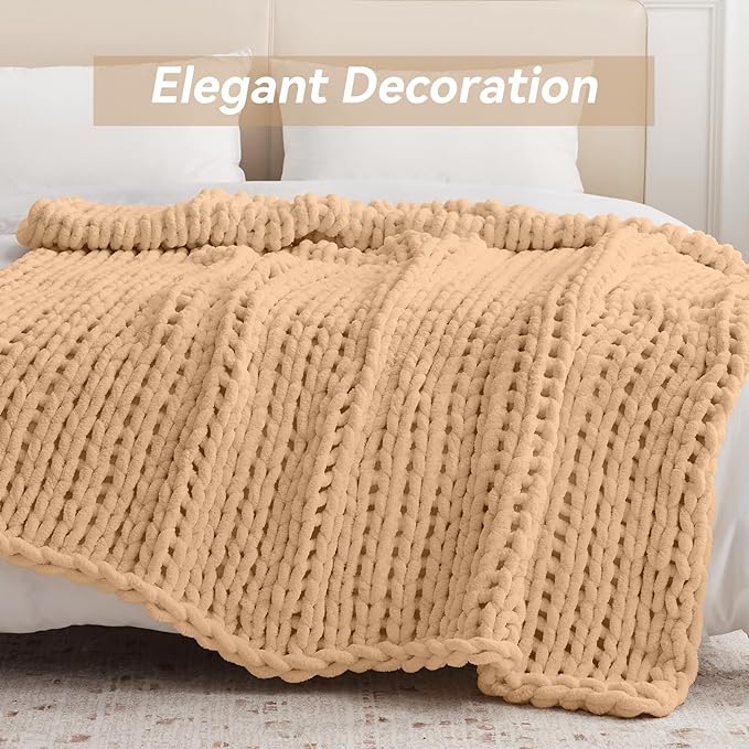 Chunky Knit Throw Blanket, 30''*40'' Knitted Throw Chenille Yarn for Bed Couch, Handmade Beige Crochet Big Thick Blanket, Machine Washable Cute Comfy Blanket for Home Decor