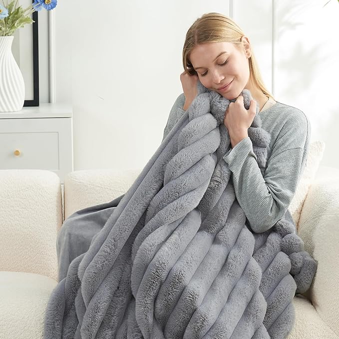 Cozy Bliss Faux Fur Throw Blanket for Couch, Cozy Warm Plush Striped Blanket for Sofa Bedroom Living Room,50 * 60 Inches Grey