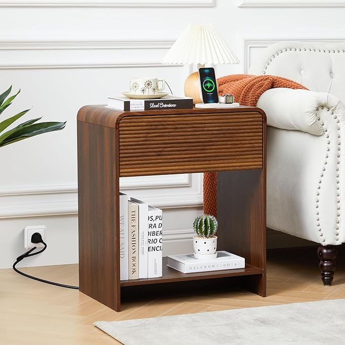 Fluted Nightstand with Charging Station, Mid Century Modern Bed Side Table End Table with Drawer Storage, Large Wooden Night Stands Bedside for Bedroom Living Room Sofa Office, Walnut